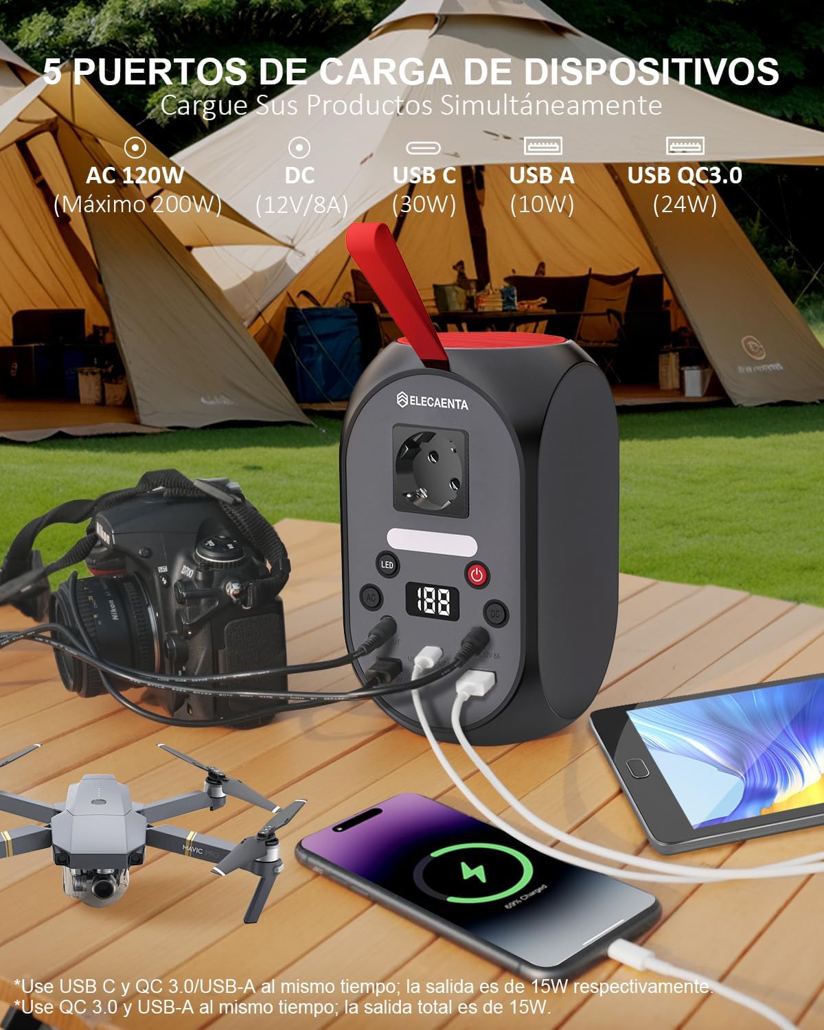ELECAENTA Central Eléctrica Portátil 99Wh con Cargador Solar Portátil ETFE 60W, Acumulador Portátil Energía LiFePO4 Batería de Respaldo para Camping y Emergencia