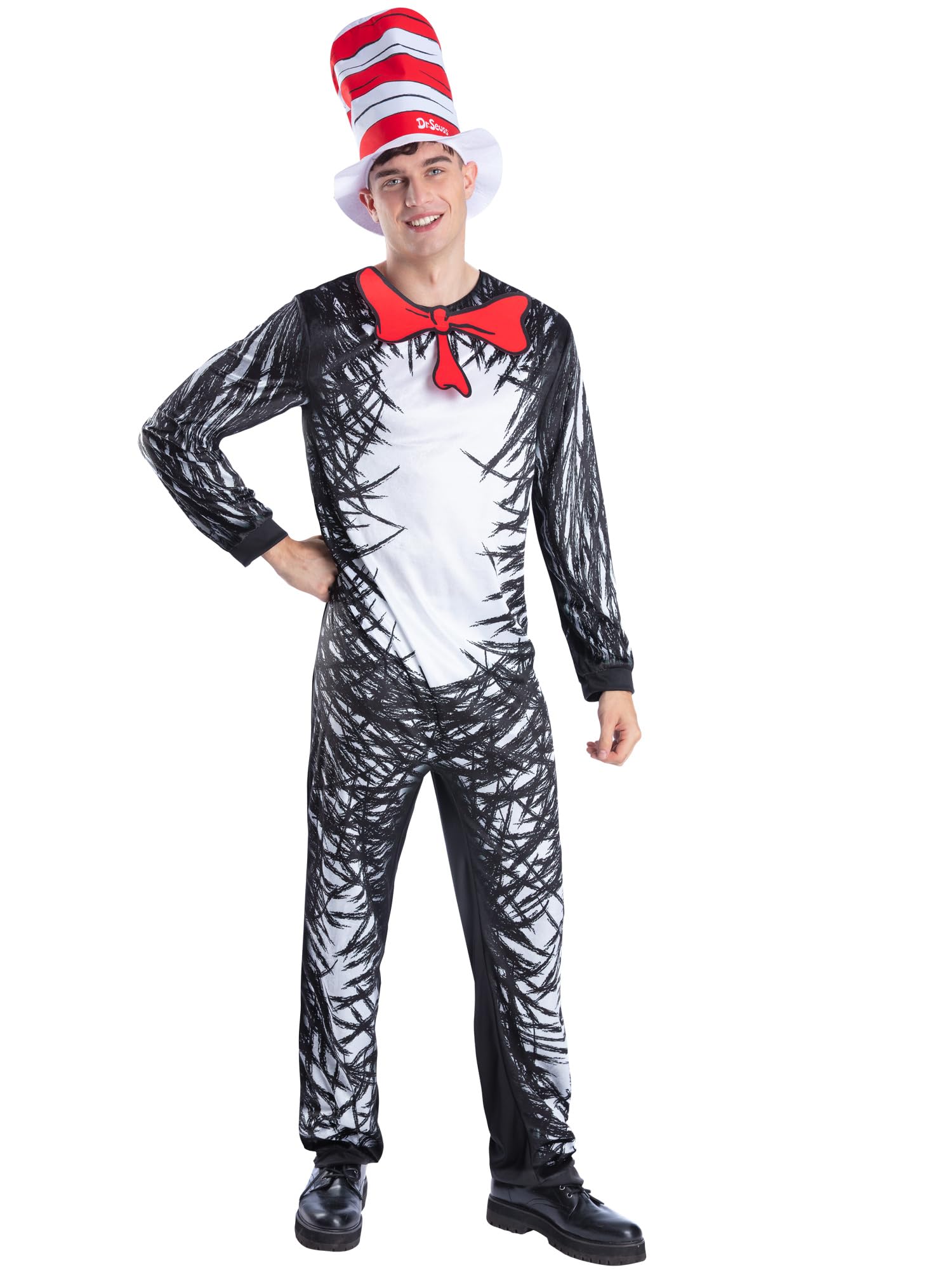 Smiffys Dr Seuss Cat in the Hat Adult Costume - Official Licensed Fancy Dress Outfit with Jumpsuit & Striped Hat, Book Character Costume for Adults, World Book Day & Parties, Medium
