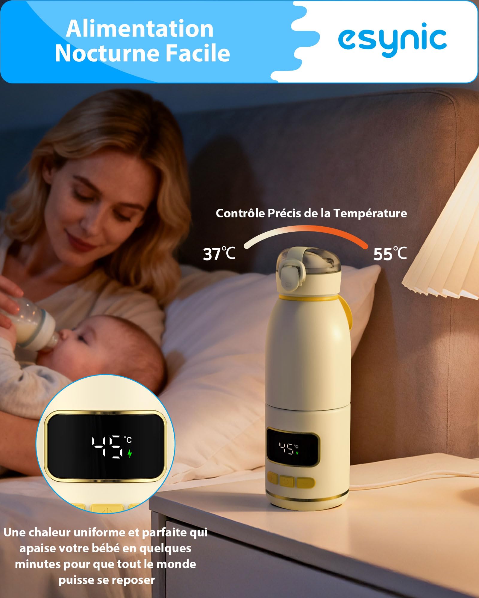 eSynic Chauffe Biberon Portable sans Fil Capacité 450ml pour Lait Materne ou Préparation pour Nourrissons ou Eau Batterie 15000mAh Chauffe Rapide Température Précise Tasse Amovible pour Voyage Sortie
