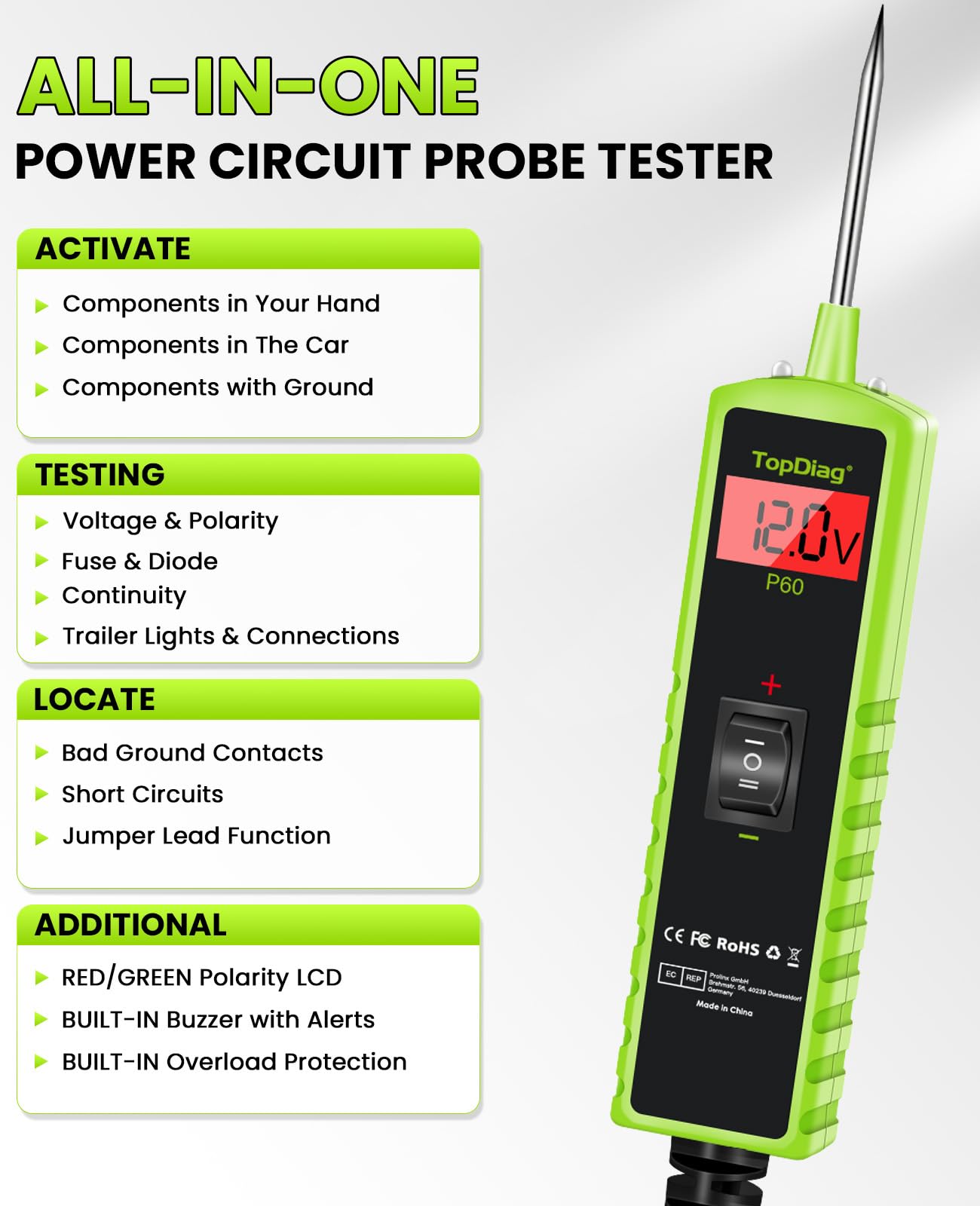 TopDiag Tester sondy P60, tester obwodu samochodowego, z testerem napięcia AC/DC, wyświetlaczem LCD, narzędziem do instalacji elektrycznej, test ciągłości testu diody aktywacji komponentu, elektryczny