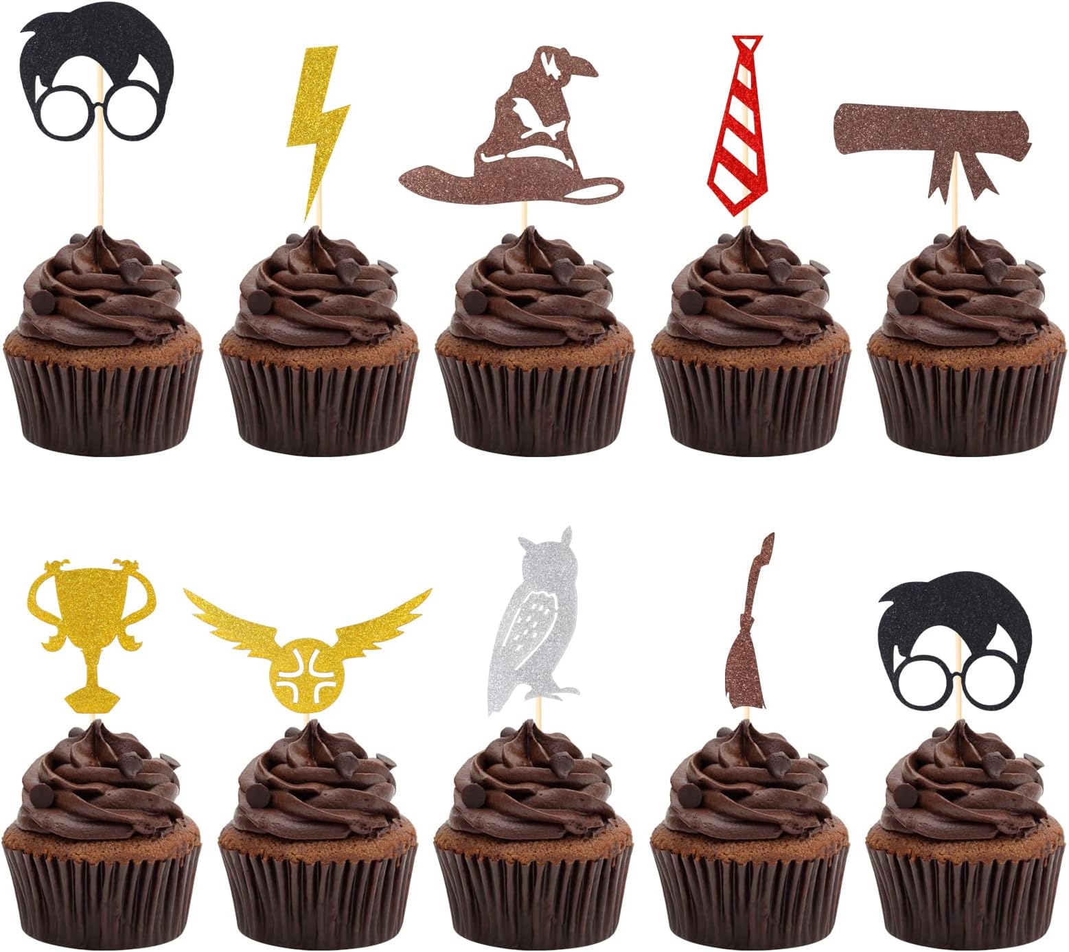 CCINEE40 Pack Glitter Wizard Cupcake Toppers, Magical Inspired Cupcake Picks Magical School Wizard Theme Baby Shower Birthday Party Cake Decorations Supplies
