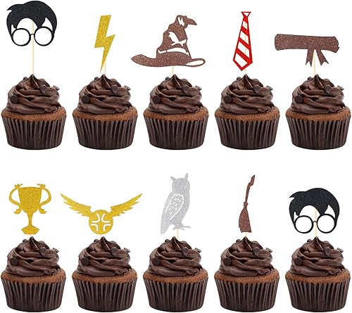 CCINEE Paquete de 40 adornos de mago con brillantina, para cupcakes de inspiración mágica, temática mágica de mago escolar, baby shower, fiesta de