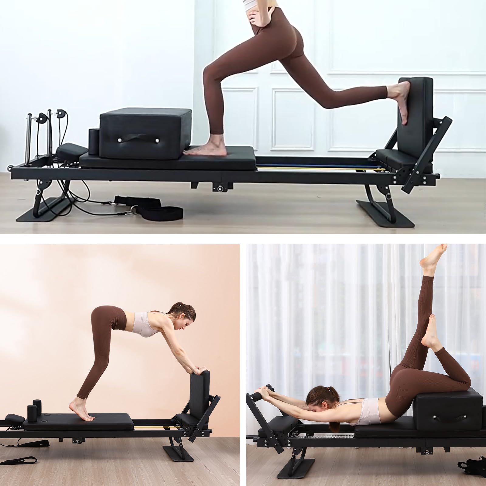 Pilates Reformer per Casa con 4 Molle e 5 Corde, Macchina Pilates Pieghevole con Jump Board per Resistenza Corporea, Stretching, Equilibrio, Allenamento,D