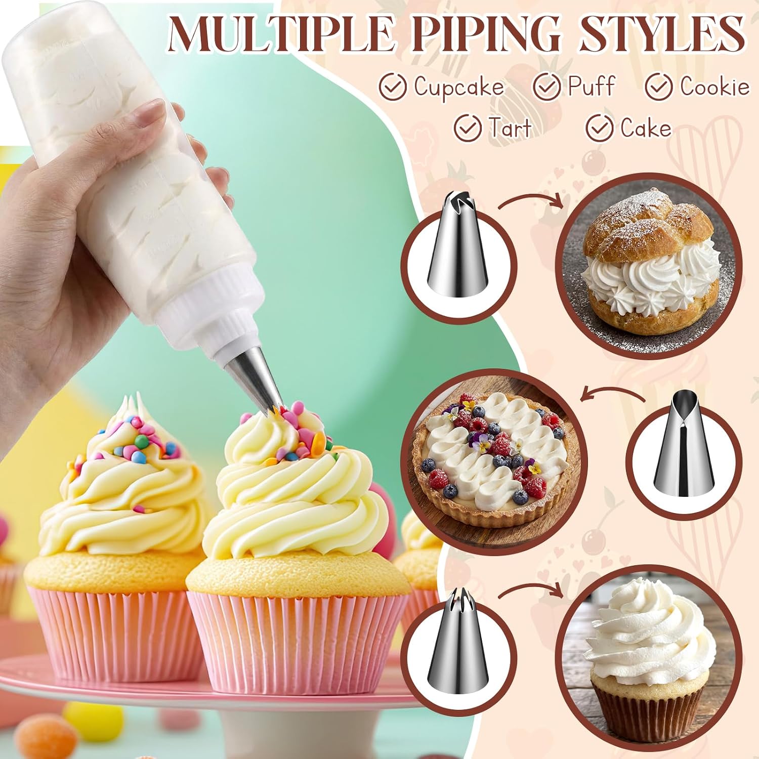 Zhehao 4 Pcs Piping Bottles for Icing Cookie Decorating Supplies Plastic 4 oz & 8 oz Squeeze Bottles & 12 Different Tips & 8 Colorful Silicone Cake Cups for Cookie Icing Kit Pancake Squeezing