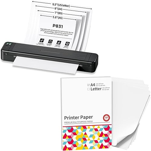 Itari Impresora de transferencia térmica Bluetooth P831, impresoras portátiles inalámbricas para viajes, impresora sin tinta de 300 DPI para letras