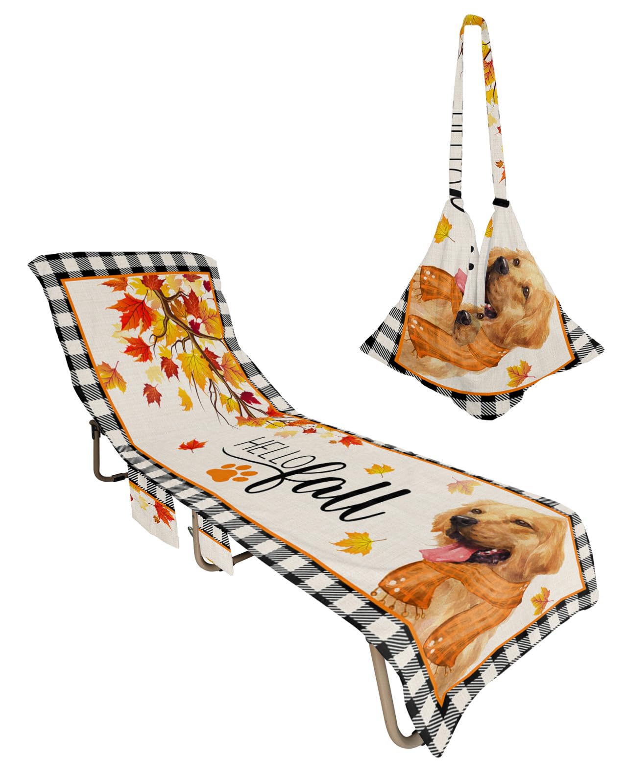 Thanksgiving Fall, Beach Lounge Chair Towel Cover, Soft Chaise Lounge Towel with Side Pockets Patio Pool Chairs Cover for Beach/Pool Sunbathing 29x85 Buffalo Plaid Check Dog Maple Leaves