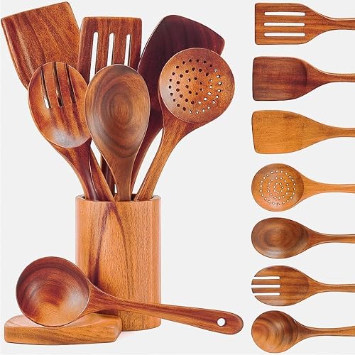 Riveira 's - Juego de utensilios de cocina de madera de 9 piezas, color marrón oscuro, juego completo de utensilios de cocina para resultados gourmet