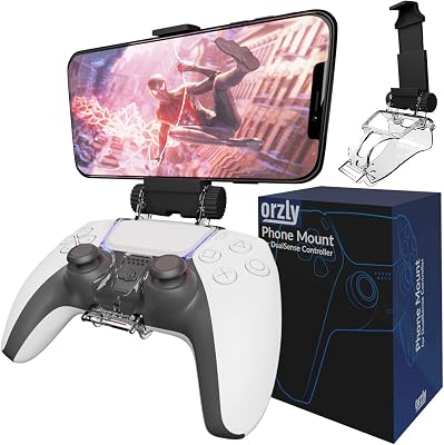 Orzly Accesorio PS5 Clip de Juego Compatible con Mandos PlayStation 5 DualSense – Soporte para Teléfono Móvil Ajustable para usar con PS5 Mandos de Juegos