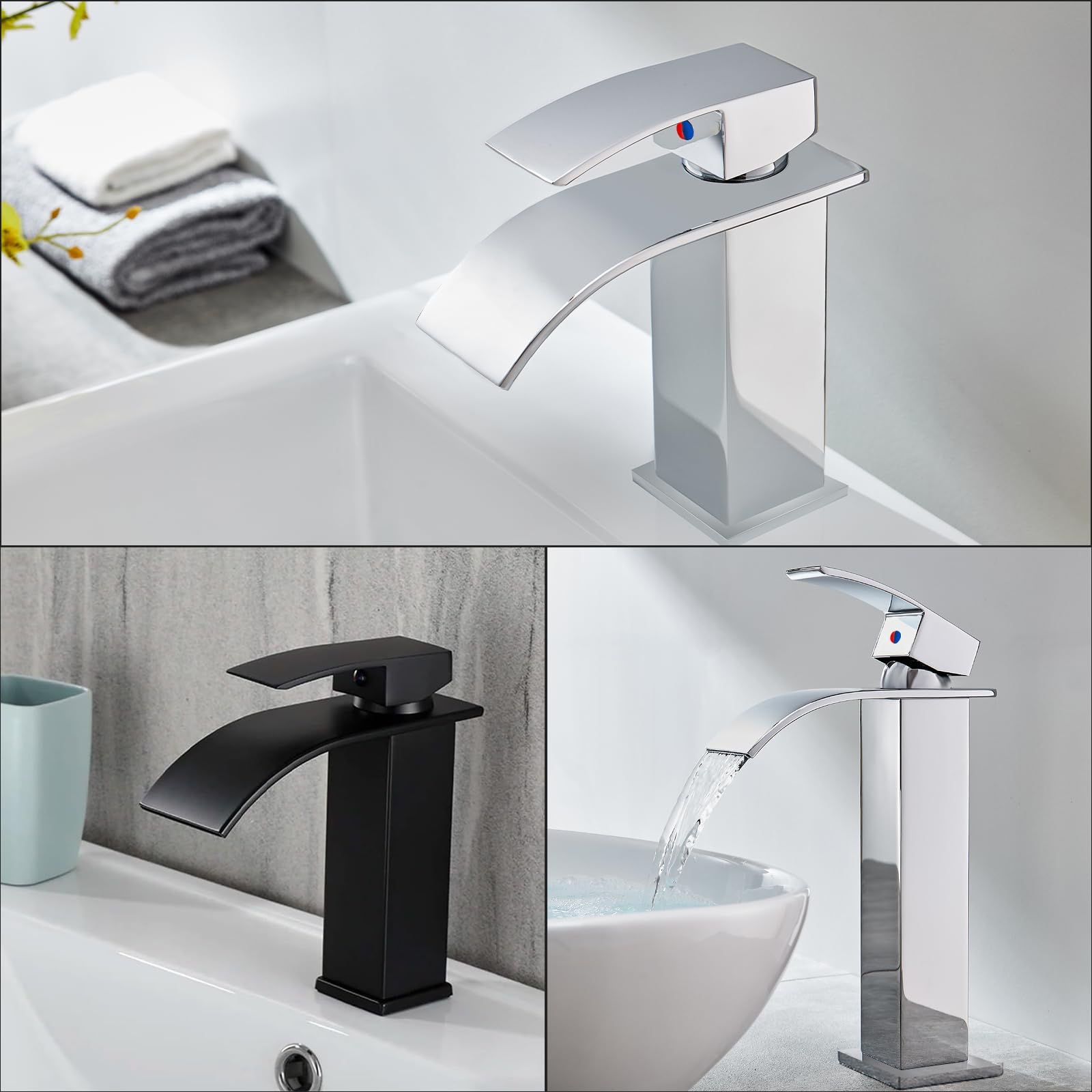 VOLTIX Rubinetto per Bagno a Cascata - Miscelatore Monocomando per Lavabo con Risparmio Idrico - Regolabile per Acqua Calda e Fredda - Rubinetto Lavabo Moderno Design Elegante per Bagno (Nero/Alto)