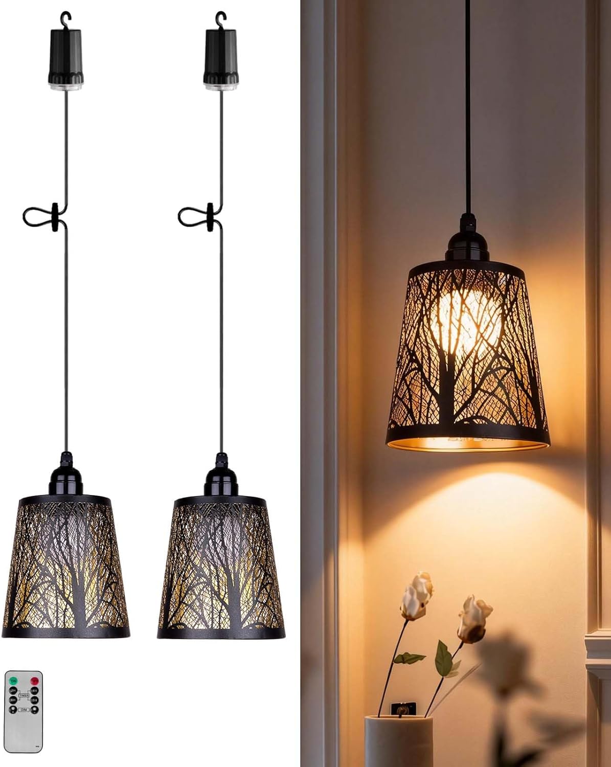 Battery Operated Chandelier with Remote, IP44 Waterproof Outdoor Pendant Light, No Wiring Needed Gazebo Lights for Porch, Patio, Balcony, Pergola, Shed, Home Decor (Tree Pattern)