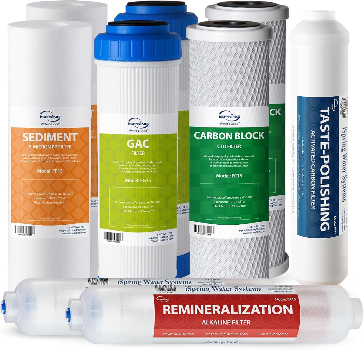 filtro de agua de ósmosis inversa de 1 año certificado por iSpring F9K NSF, filtros de remineralización alcalina para sistemas de ósmosis inversa de 6 etapas, sin membrana de ósmosis inversa | Para sistemas de ósmosis inversa de 6 etapas con filtro mineral alcalino. Sin membrana RO. Se adapta a RCC7AK/RCC7PAK
