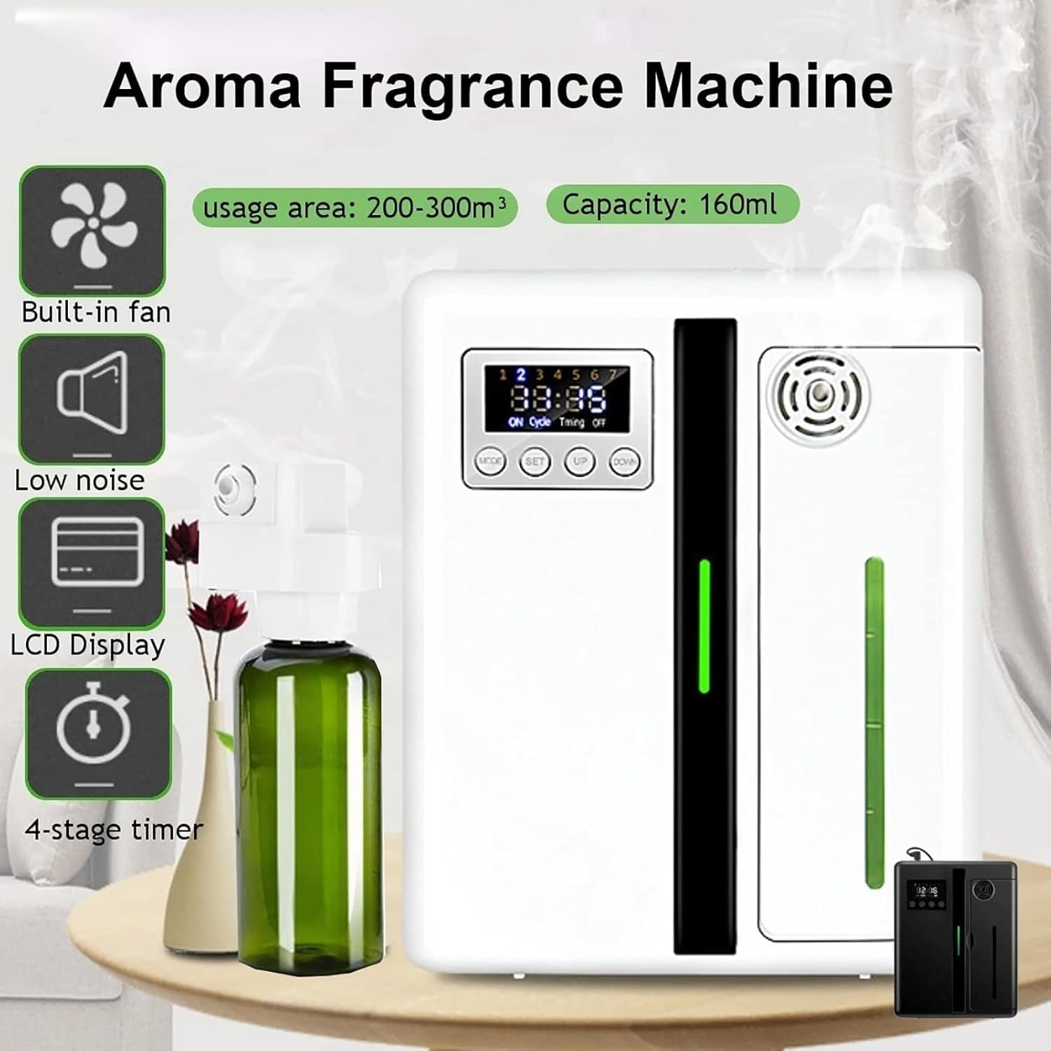 Elektryczny dyfuzor zapachowy, 160 ml, bezwodny dyfuzor olejków eterycznych z 4-segmentowym pomiarem czasu i wyświetlaczem LCD, odpowiedni do pomieszczeń do 300 m³
