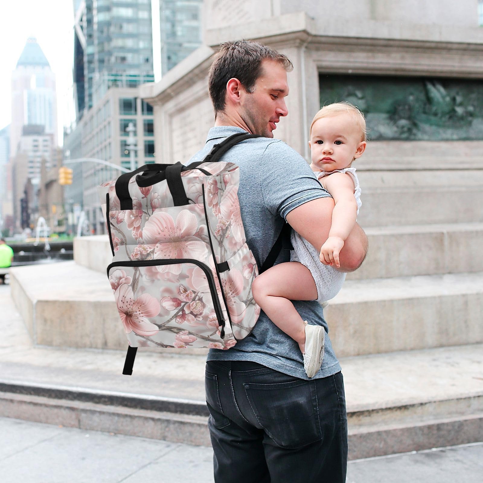 Borsa per pannolini, zaino per mamme e papà, stile bohémien, con fiori e