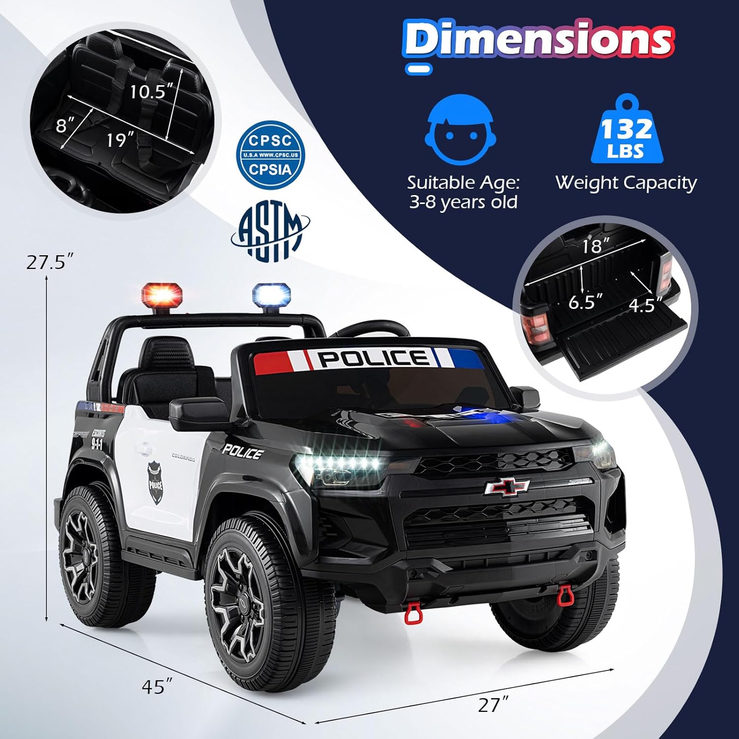 Costzon 2-Seater Ride on Police Car, 24V 4WD Licensed Chevrolet Kids Electric Vehicle with Megaphone, Siren, LED Flashing Lights, Storage Trunk, Toddler Remote Control Toy Car, Gift for Boys Girls