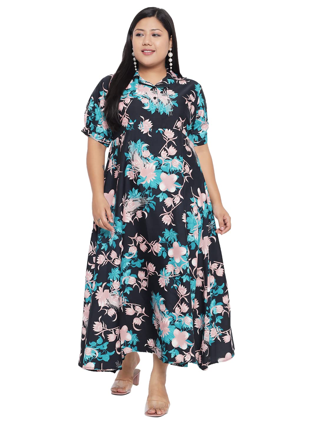 IndietogaWomen's Plus Sizes Floral Printed Fit and Flare Long Maxi Dresses (2XL to 10XL)