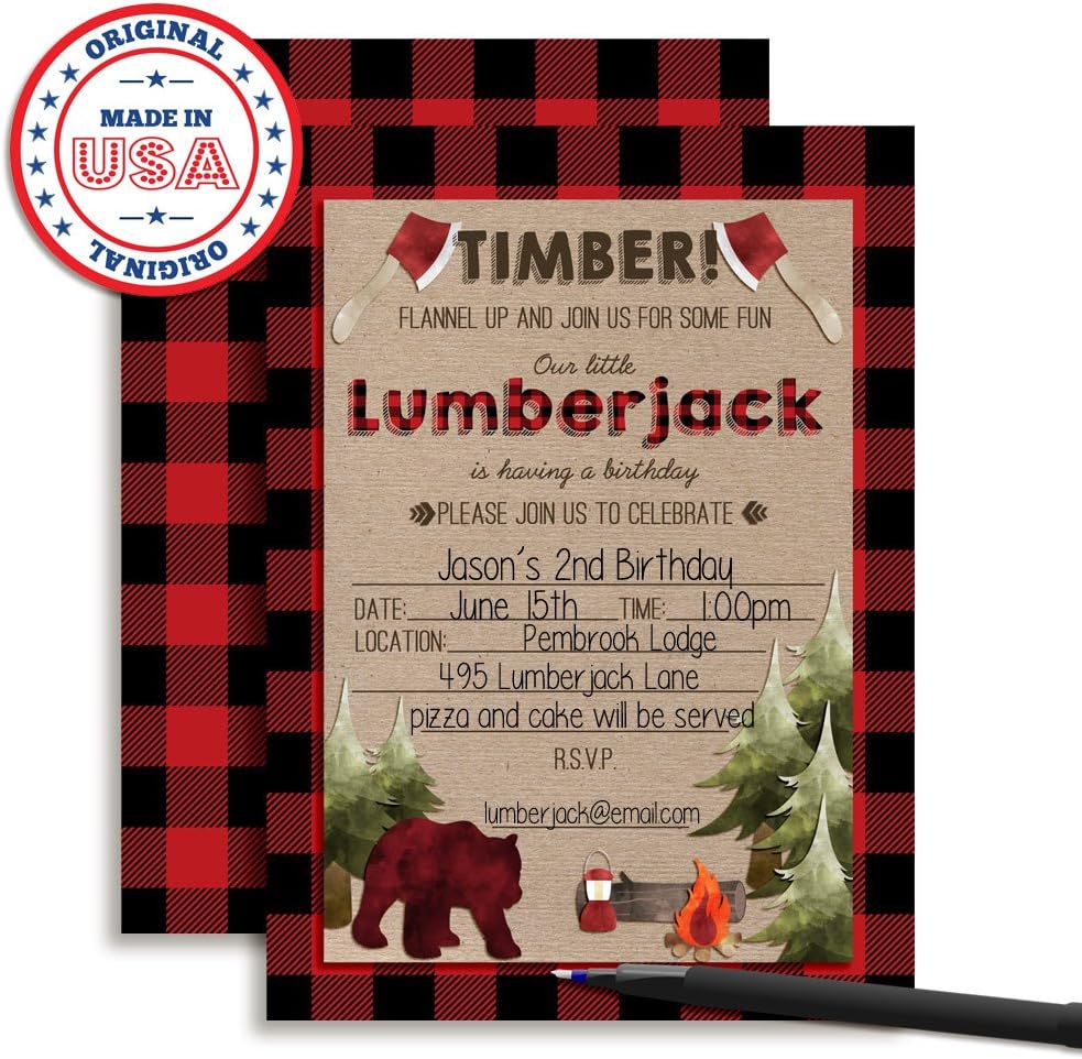 Lumberjack Birthday Party Celebration Invitations for Boys, 20 5x7 Fill In Cards with Twenty White Envelopes by AmandaCreation