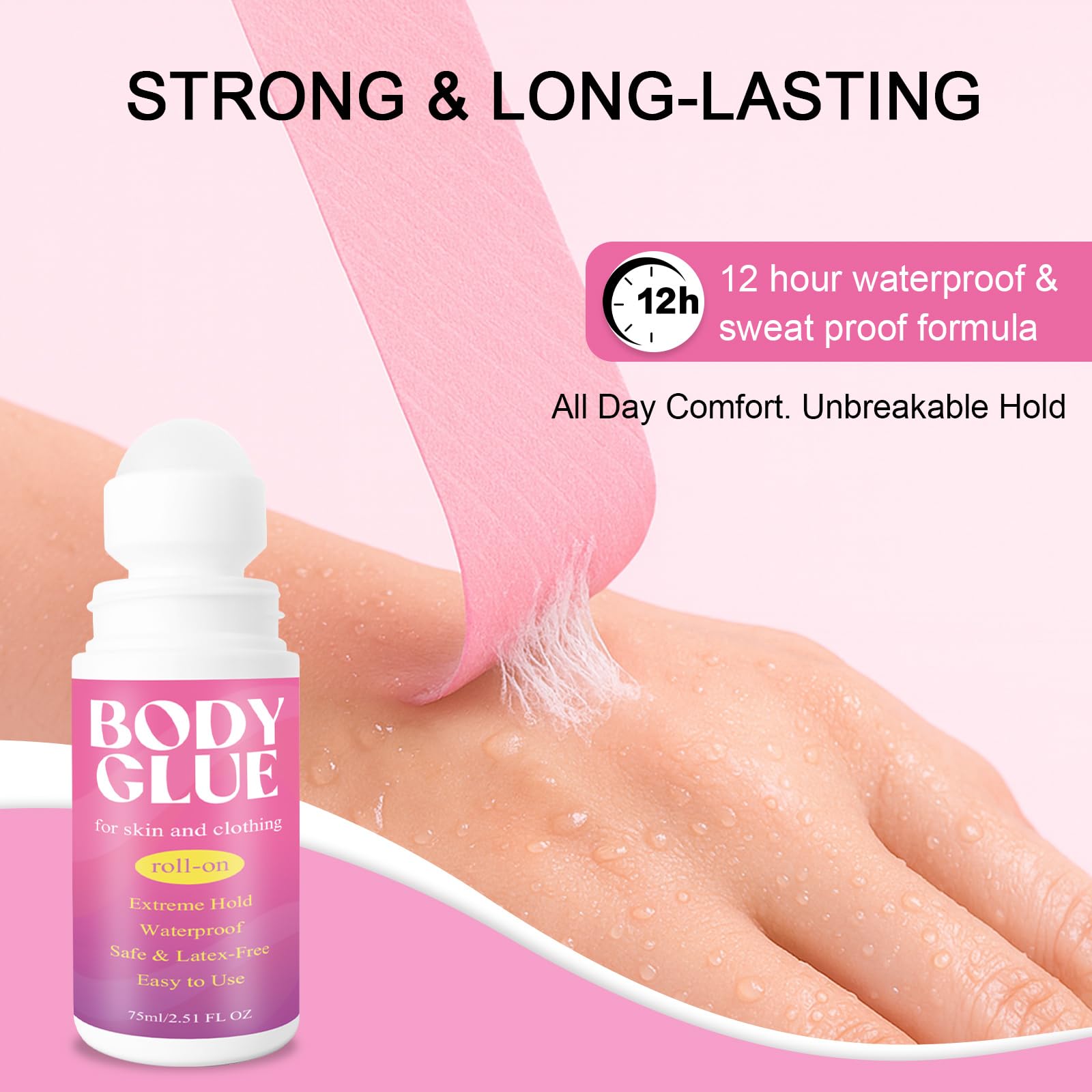 Strong Hold Body Glue for Skin and Fabric, Roll On Clothing Adhesive for Dresses and Dance Costumes, Sweat Resistant Fashion Glue for Socks, Strapless Tops, Performance Wear, 75ml - 3
