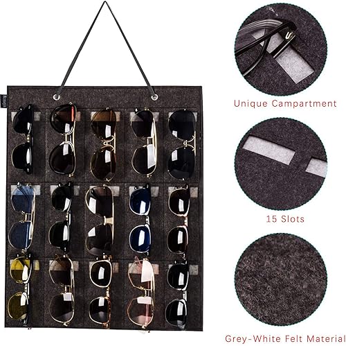 Miniatura 4 de Organizador de lentes de sol para colgar en la pared, organizador de lentes de sol, 15 ranuras, organizador de almacenamiento para gafas (gris