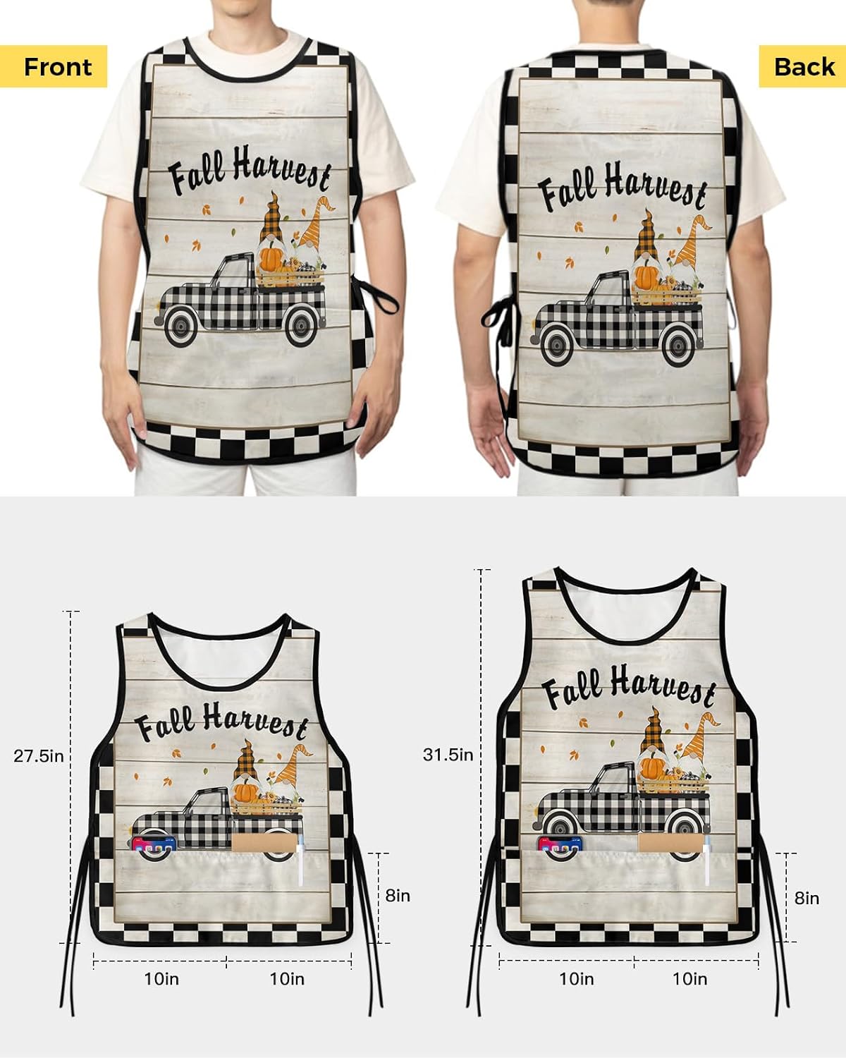 Unisex Cobbler Apron with 2 Pockets, Farm Theme Buffalo Check Plaid Truck with Dwarf Pumpkin Waterproof Vest Kitchen Chef Apron, Smock Apron Vest Cobbler Aprons for Women Men, 2 Pack, 20” x 27.5”