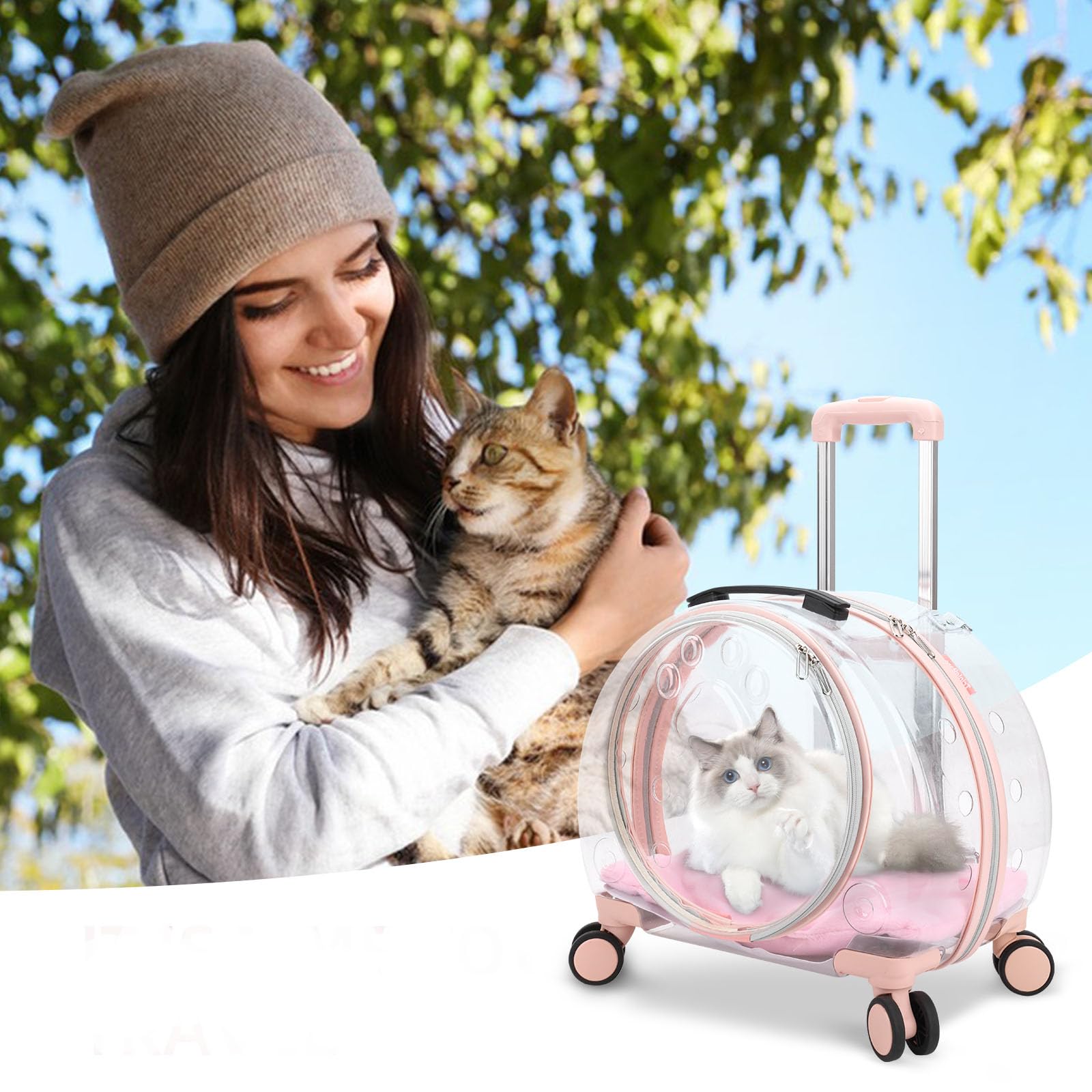 Transportín transparente y totalmente transpirable para gatos con ruedas giratorias para perros, gatos o conejos, más opciones de transporte, perfecto para viajar/hacer un paseo (rosa)