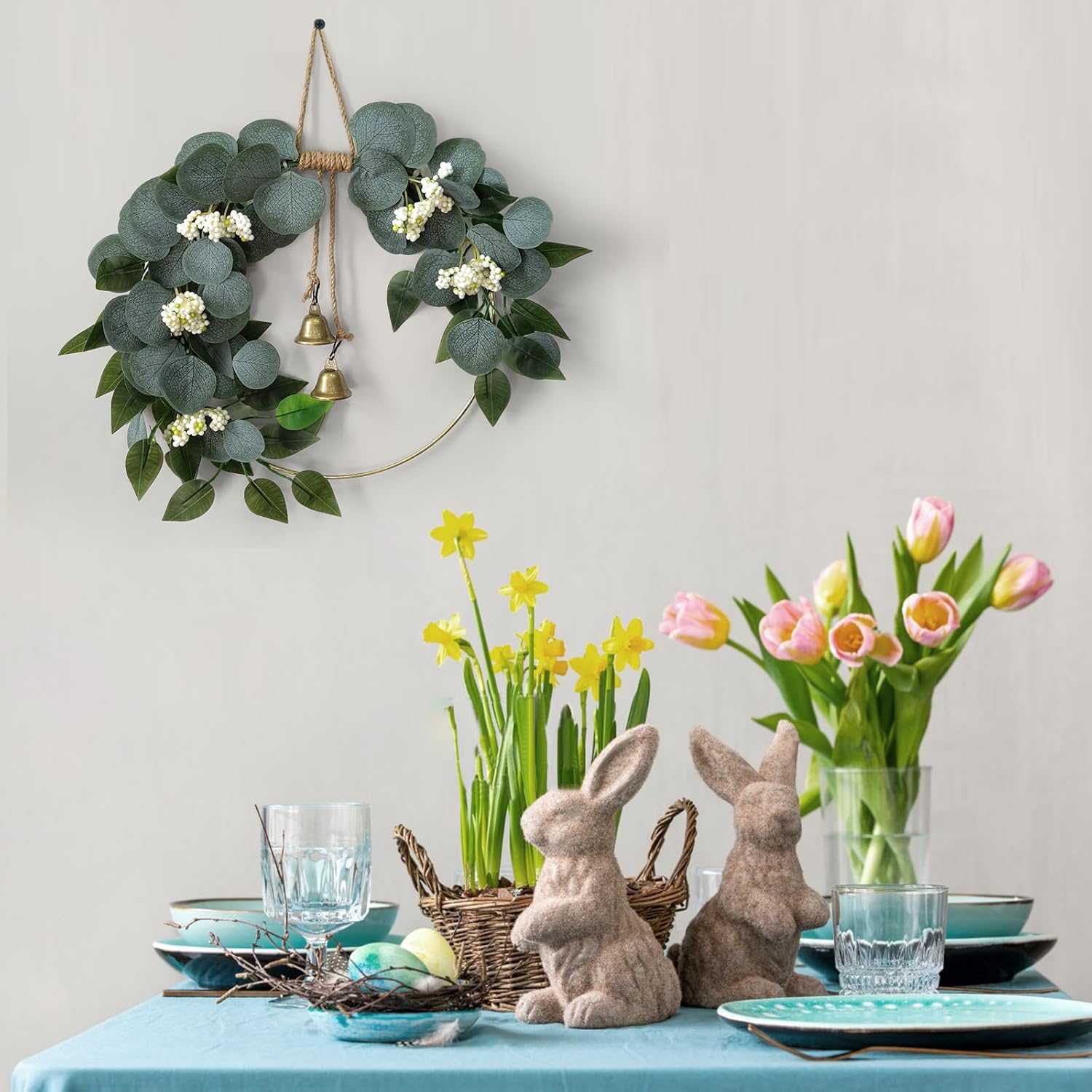 15'' Eucalyptus Wreath for Front Door Artificial Greenery Outdoor Wreath with White Berry Spring Summer Wreaths for Farmhouse Front Porch Window Porch Hanging Wall Party Wedding Decor - Image 5