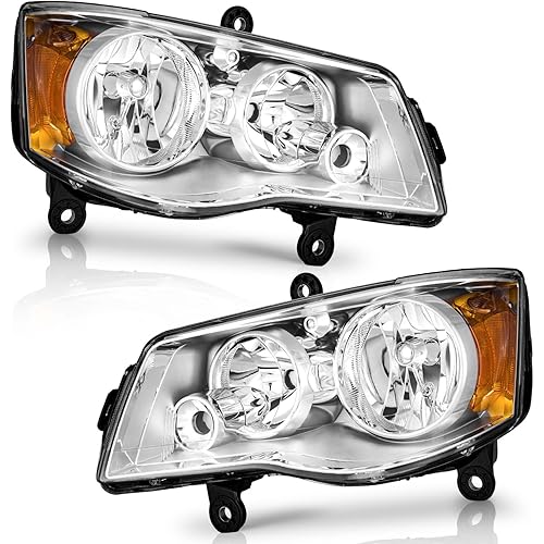 For 2011-2018 Dodge Grand Caravan Headlights Assembly Compatible with 2008-2016 Chrysler Town Country Headlamp Replacement Automotive Headlight Assemblies Chrome Housing Amber Reflector
