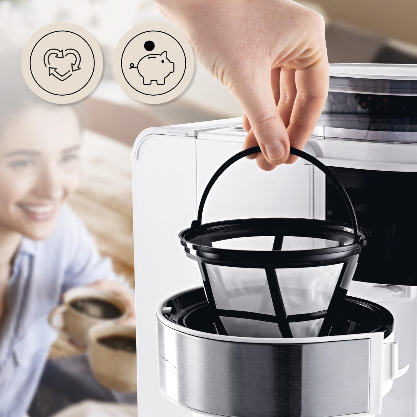 Barista Machine à café blanche avec écran tactile digital 800W + broyeur intégré et carafe isotherme | Cafetière filtre avec moulin à café et verseuse thermique