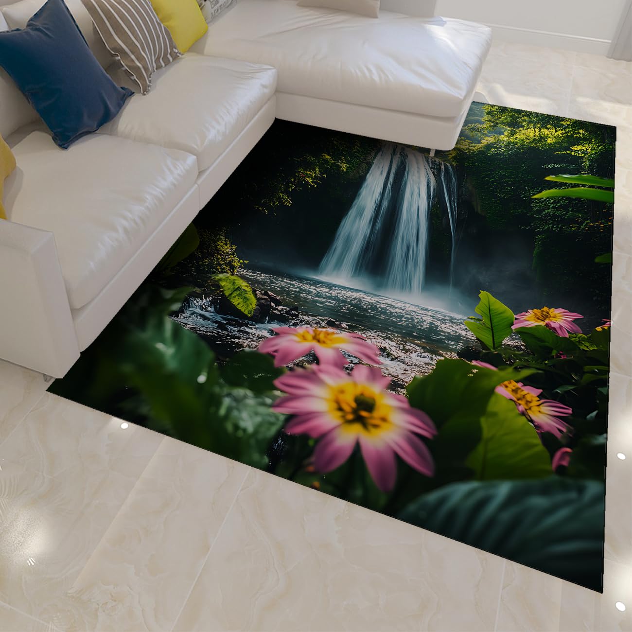 Wasserfallteppiche für das Schlafzimmer Teppich blühende Blumen Teppiche im Bereich Tropical Jungle Natural Landscape Teppich für das Wohnzimmer Dünne waschbare Fußmatten 160x230cm