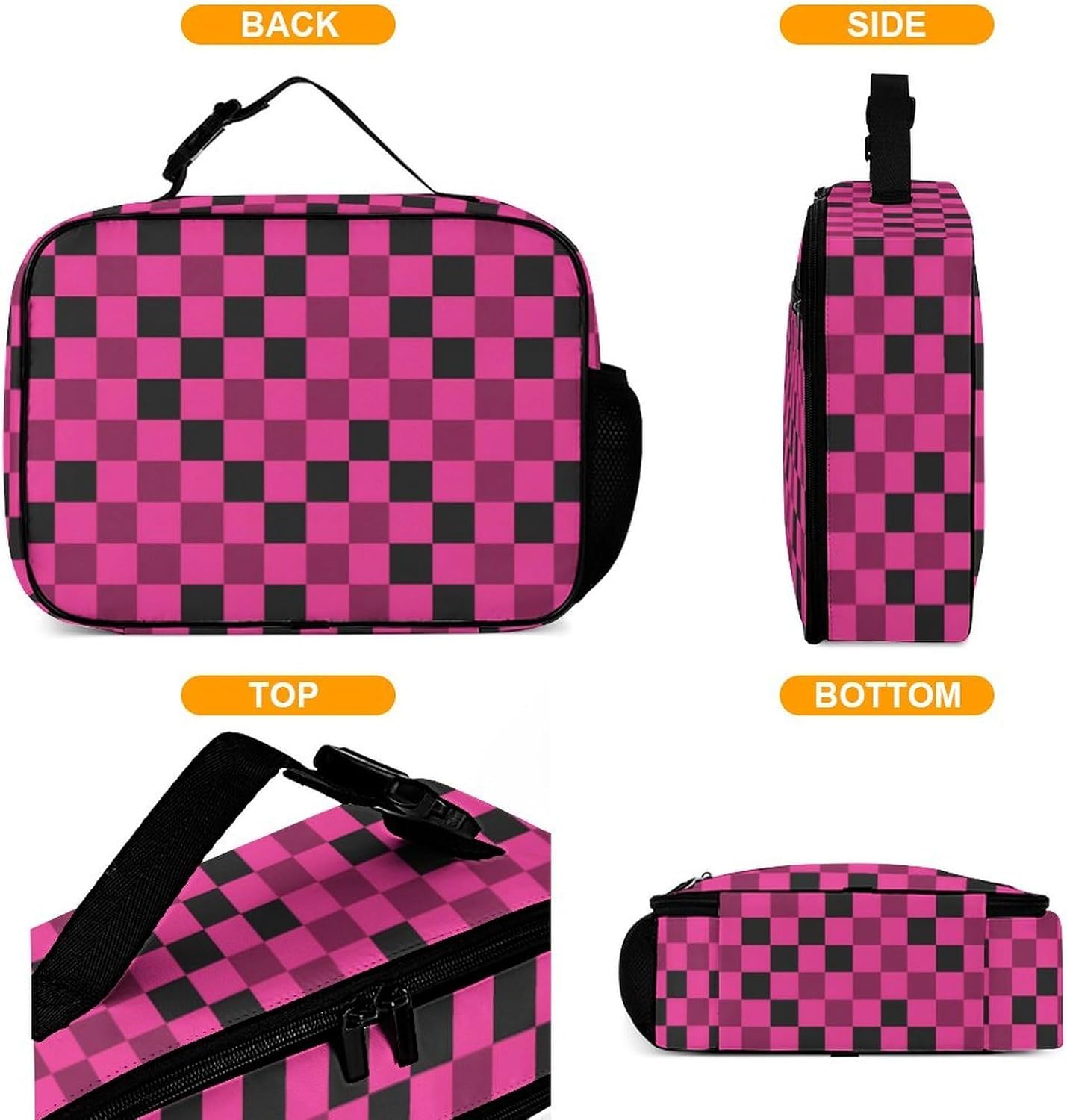 Pink Checkered Reusable Lunch Box Insulated Lunch Bag Cooler Bag Lunchbox Meal Food Container Tote Bag for Women Kids Girls School Camping Hiking Picnic Beach Travel