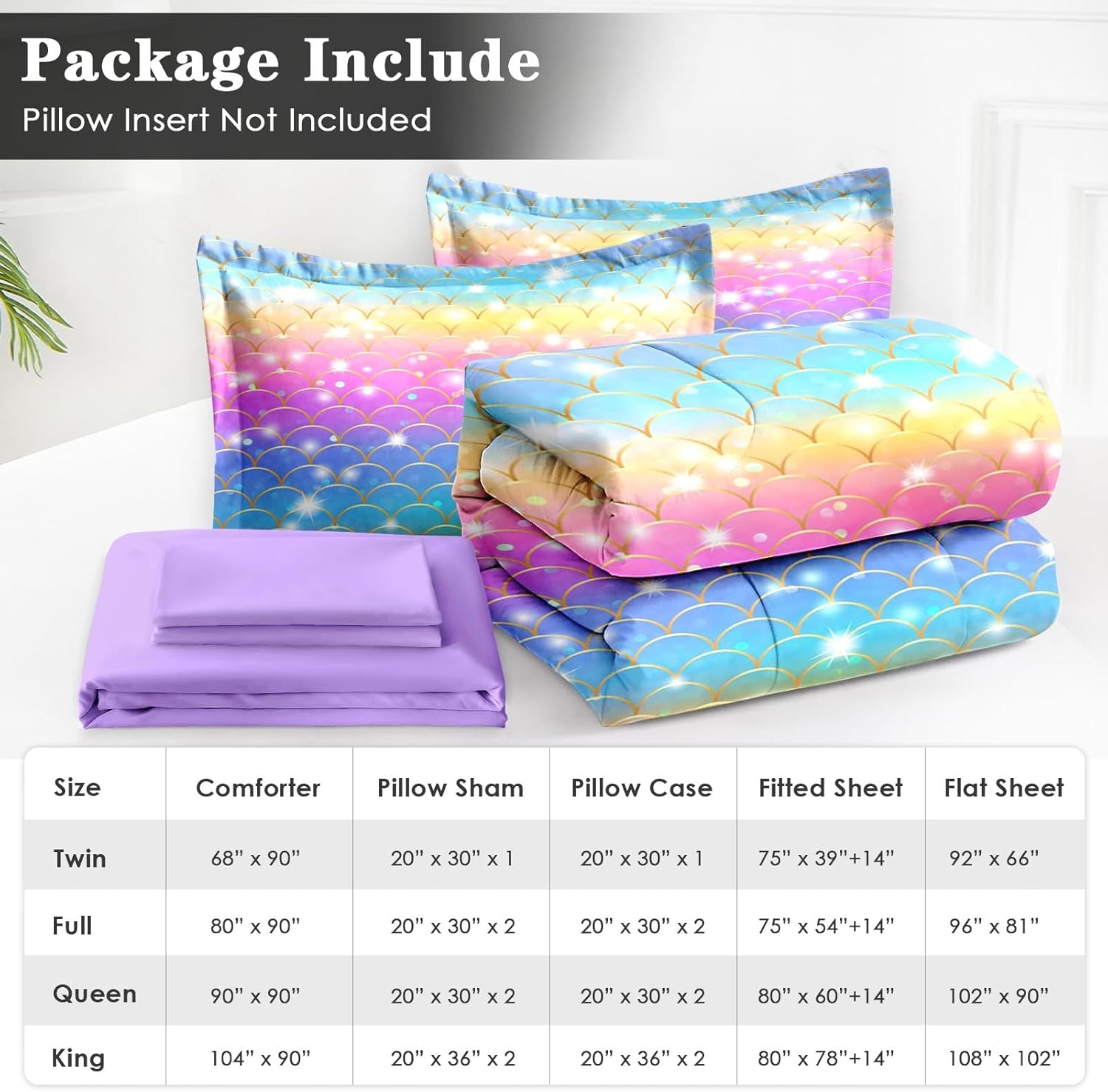 Queen Size Comforter Set with Pillowcase & Sham, Ocean Bubbles Mermaid 7 Pcs Bedding for Kids and Adults, Purple Pink Rainbow Scales Bed in a Bag with Flat Fitted Sheet