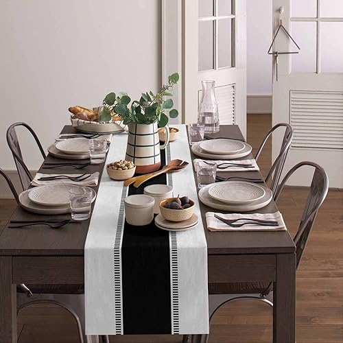 Miniatura 4 de Caminos de mesa en blanco y negro de 36 pulgadas de largo, caminos de mesa modernos con rayas antideslizantes, caminos de mesa decorativos de granja