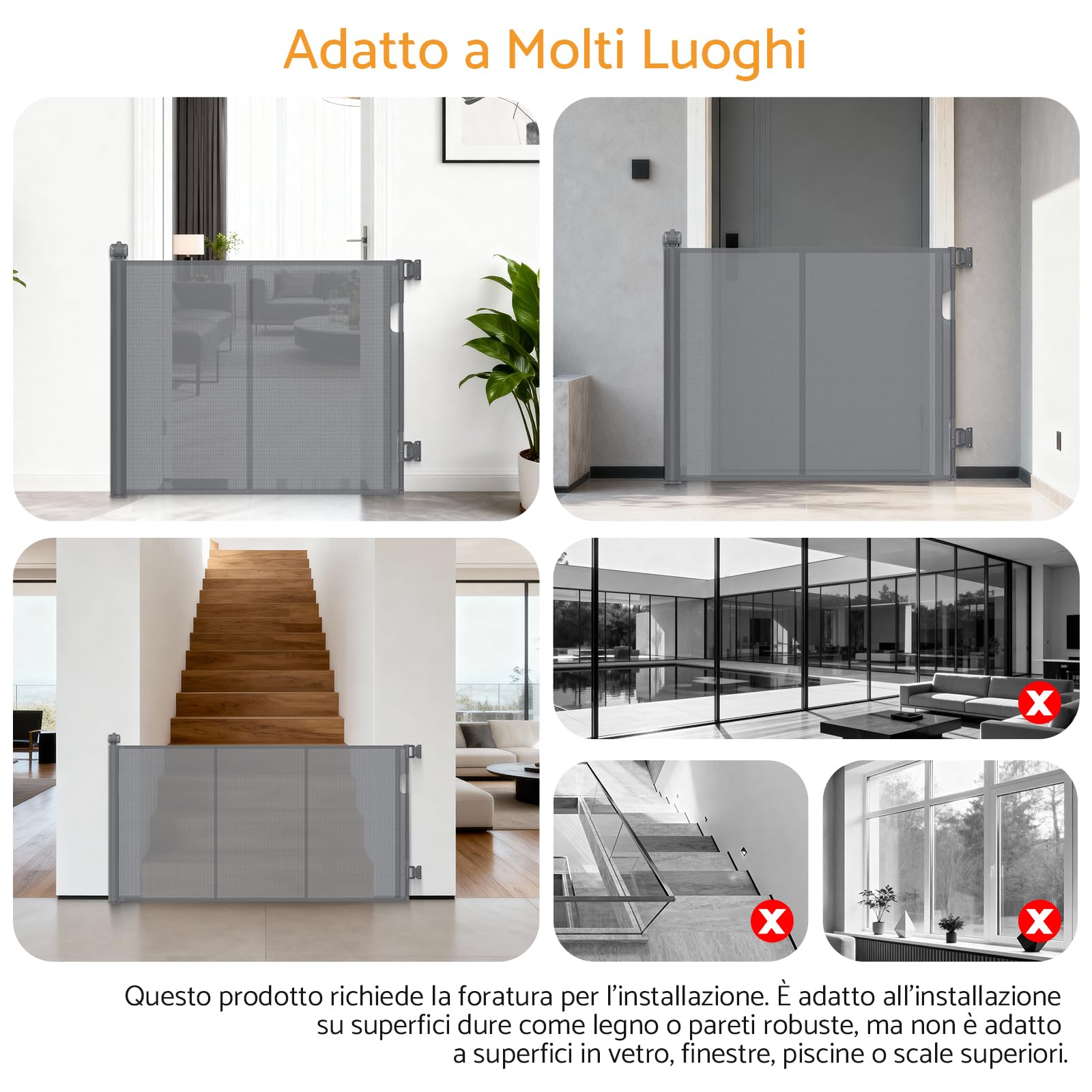 Cancelletto di Sicurezza Estensibile per Bambini e Animali Domestici 0-140cm, Barriera Retrattile con Rinforzo in Fibra di Vetro e Blocco a Pomello, per Scale, Interno ed Esterno, Grigio