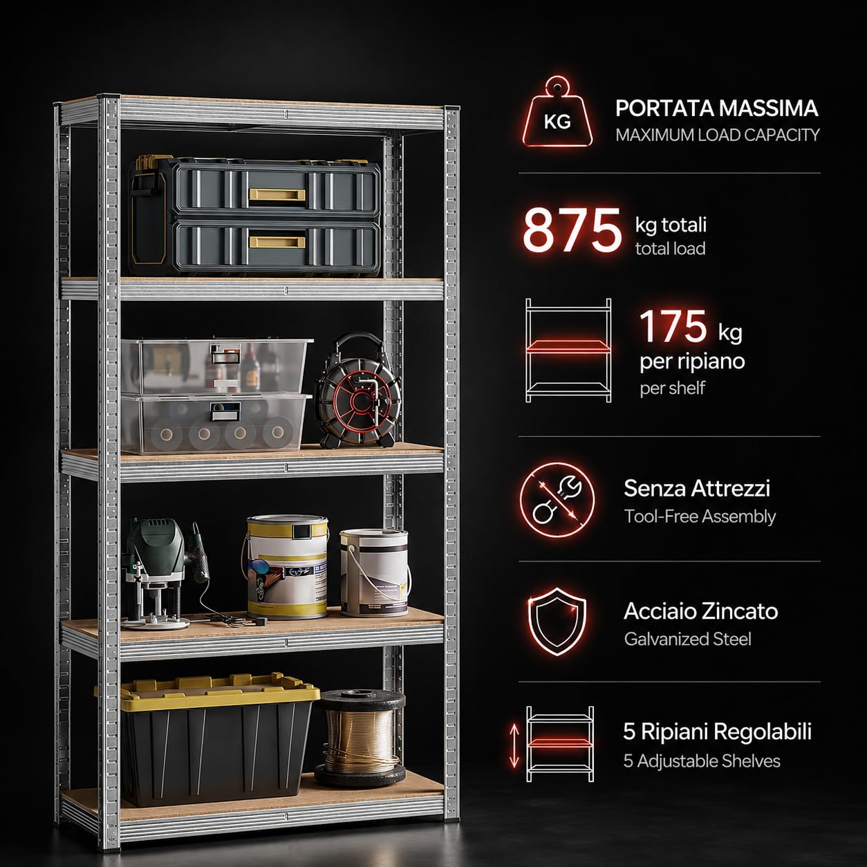 KOMBO - Set 2 Scaffali Metallo Zincato 90x40x180 cm, 5 Ripiani Regolabili, 175 kg Portata Ripiano, 1750 kg Totale, Montaggio Incastro Senza Bulloni, Garage Cantina Magazzino