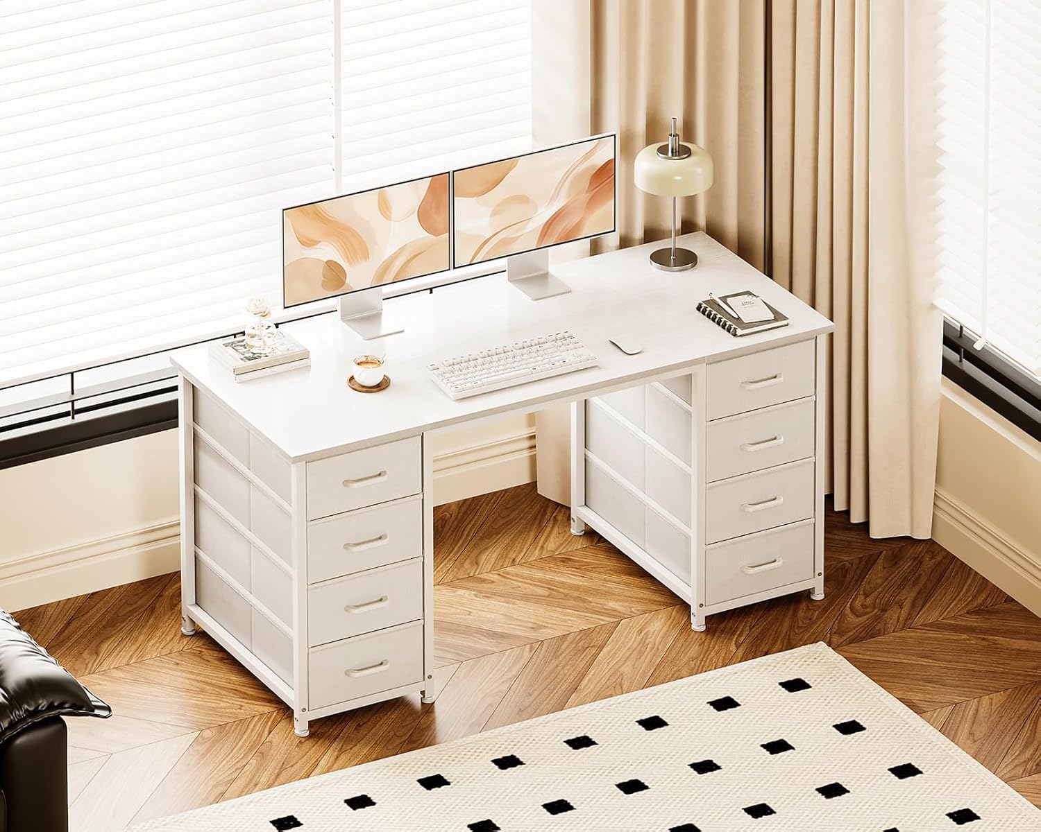 Incomplete *Casaottima 48 Inches Computer Desk with 8 Fabric Drawers, Modern Office Desk with Large Storage for Home Office, Study, White 48 inches White