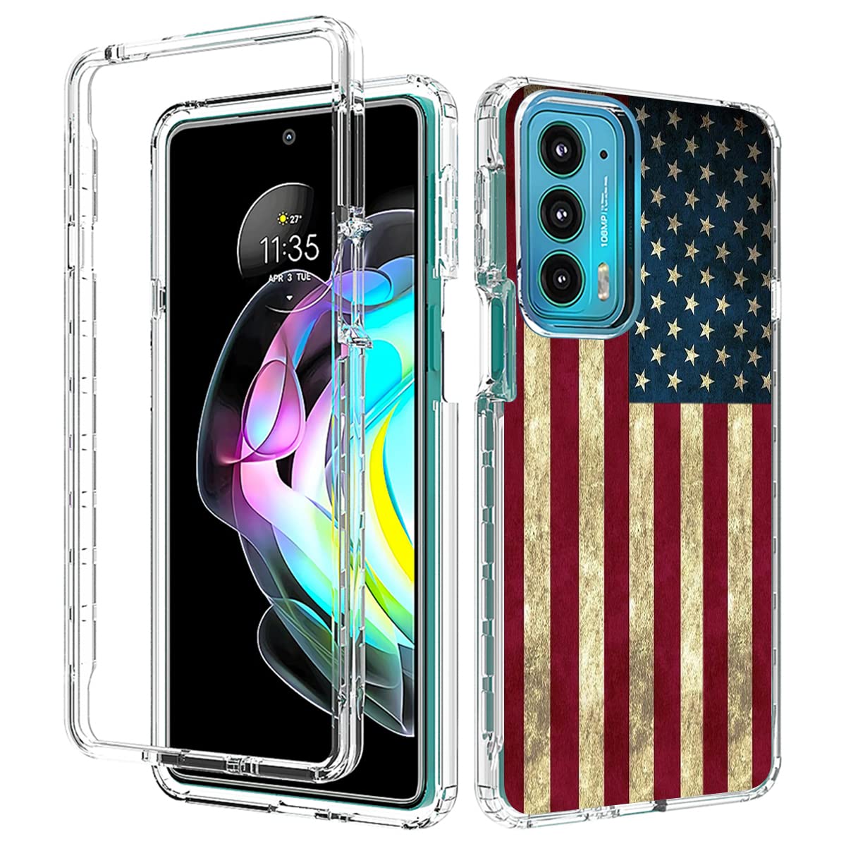 Yodueiv For Moto Edge 20 Case, Motorola Edge 20 Case With Tempered Glass Screen Protector, Full-Body Cute Clear Flag Pattern Protective Phone Cover Cases For Motorola Moto Edge 20 5G (USA
