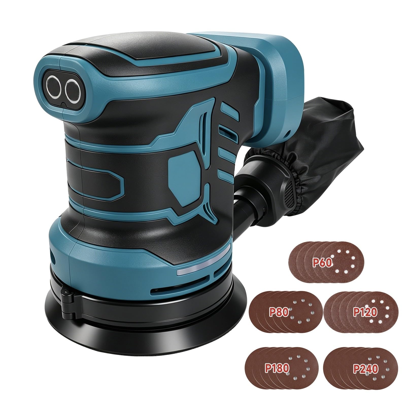 Cordless Random Orbital Sander Compatible with Makita 18V Battery, 6-Speed 21000RPM, 350W Brushless Electric Sander with 25pcs 125mm Sandpaper, Dust Collection System for Sanding Polishing