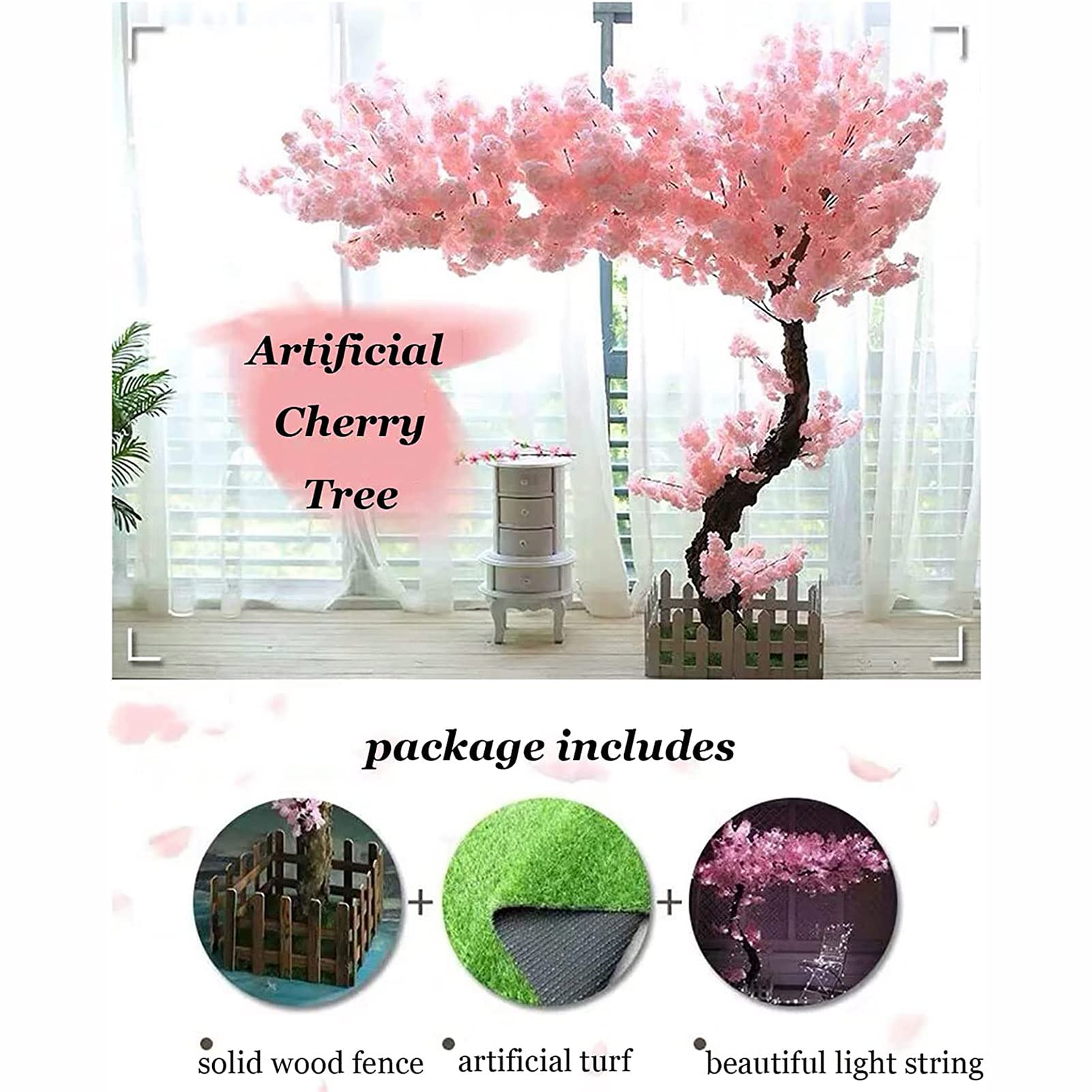 Flores de flor de cerezo artificial para bodas en casa Jardín Decoración de oficina Plantas de seda, árbol grande Flores de vides falsas,Rosado,1.8X1.8M