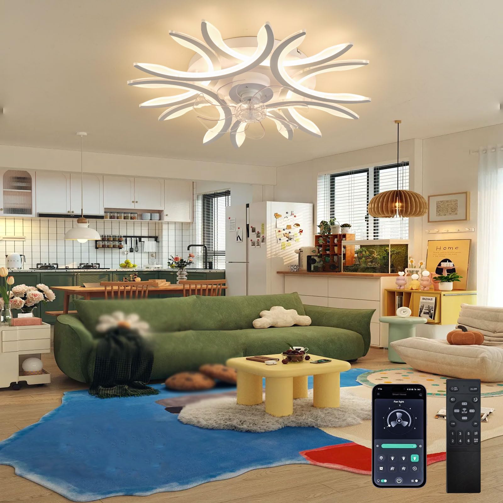 HXYSXHJUO Living Room Ceiling Fan with Light, Embedded Curved Line Design, 6 Speeds and 3000K-6500K, Dimmable, Modern Bedroom Reversible DC Motor, Remote Control