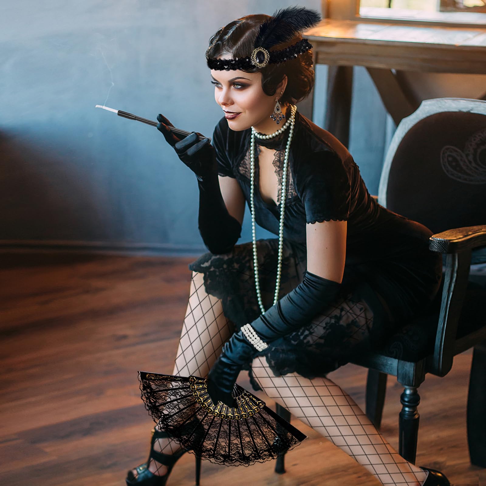 Lot de 9 costumes des années 20 pour femme, robe Charleston à franges, clapette des années 1920, col en V avec accessoires, colliers et boucles d'oreilles, pour robe des années 20