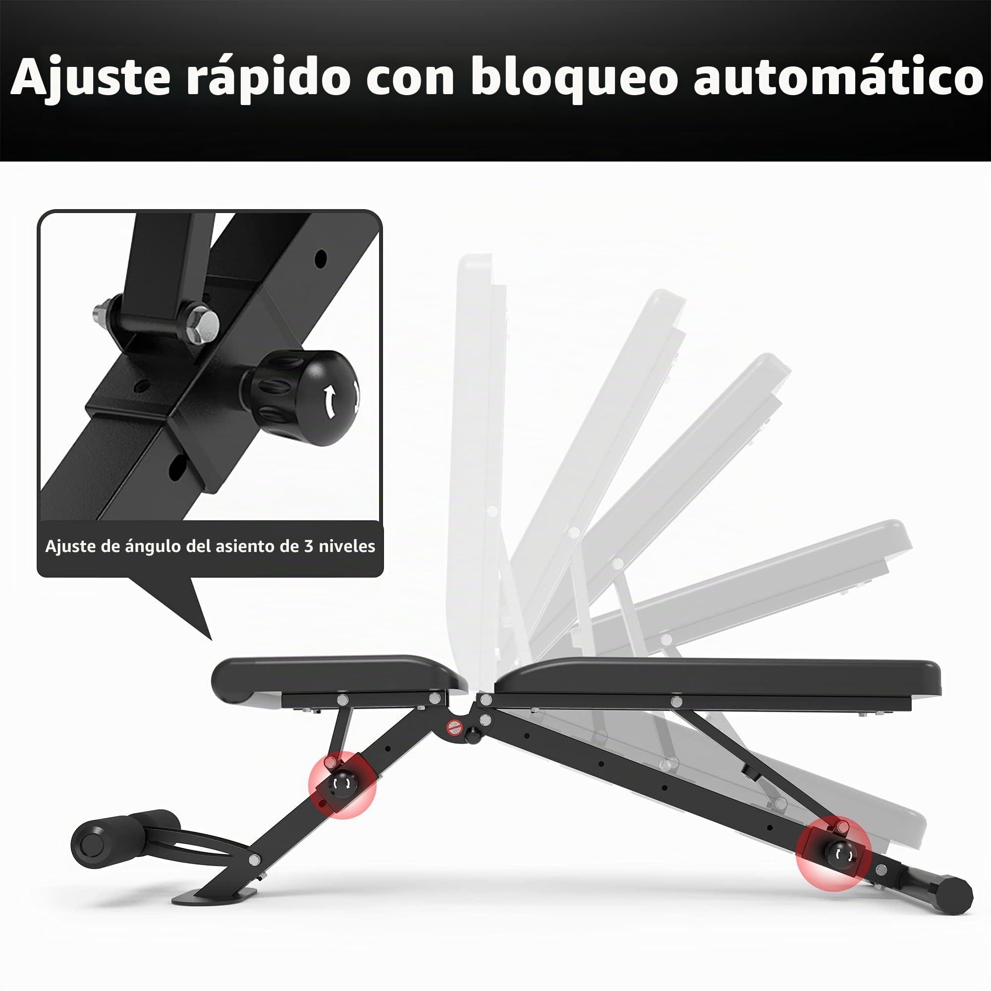 leikefitness Banco de pesas ajustable plegable con bloqueo automático para inclinación vertical y ejercicio plano de cuerpo completo