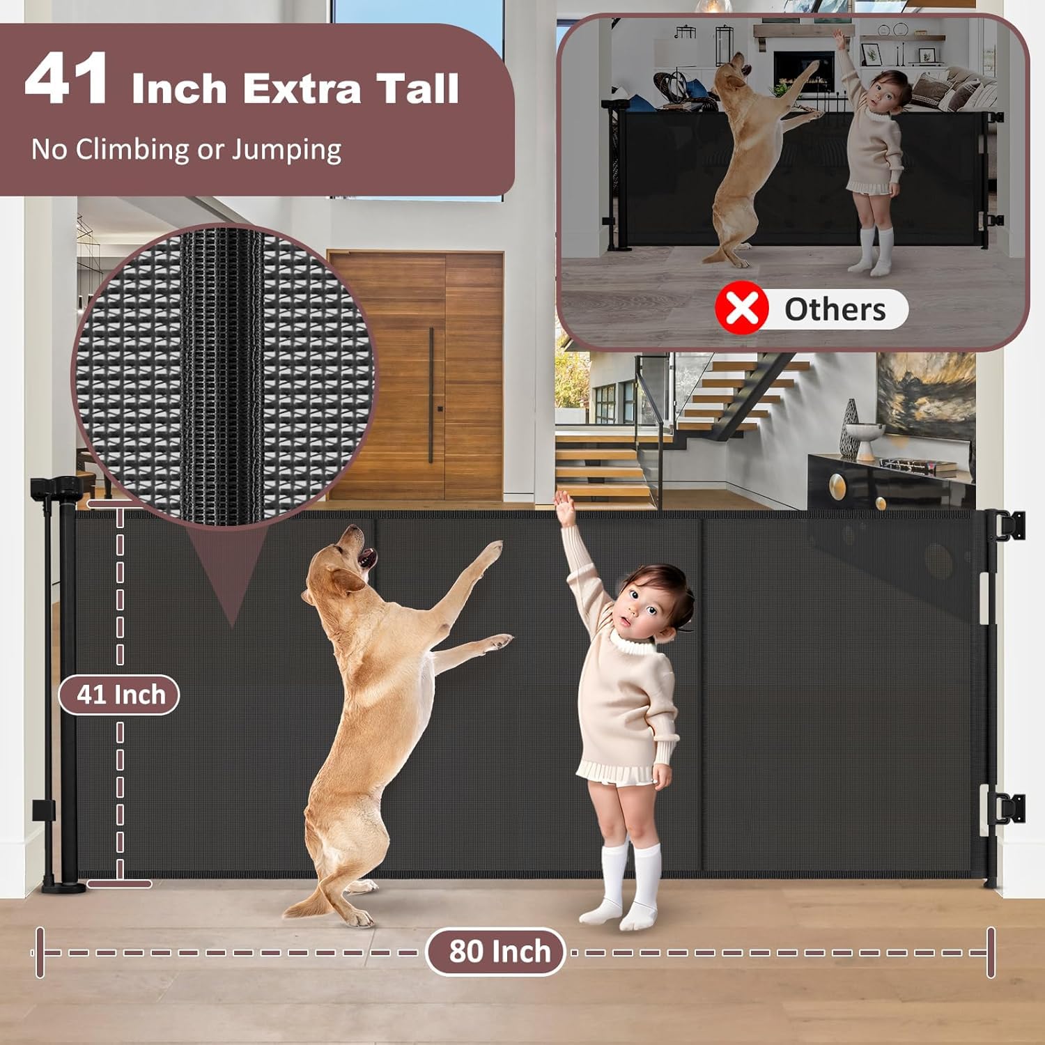 Reinforced 41 Inch Extra Tall Retractable Baby Gates 80" Wide Retractable Dog Gate with Support Rods – Prevents Crawling Under, Indoor Long Baby Gate Retractable Gate Outdoor Extra Tall Dog Gate/Black