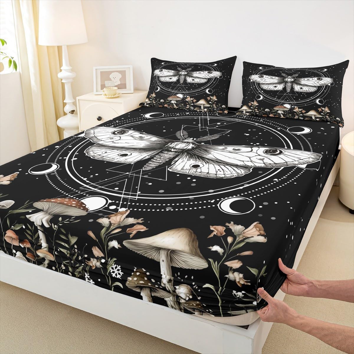 Bohemia Moth Fitted Sheet Full Size Exotic Constellation Bedding Set for Kids Boys Girls Teens Mushroom Botanical Leaves Bed Sheet Set Butterfly Animal Bed Cover Room Decor,No Top Sheet