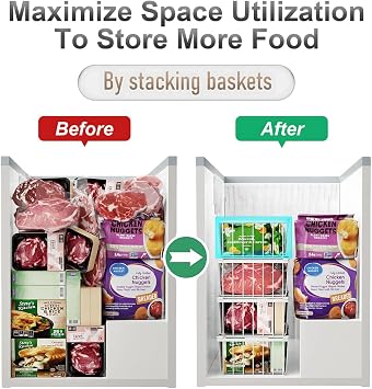 Chest Freezer Baskets 4 Pack, Stackable Freezer Storage Baskets for 198L Chest Freezer, Freezer Organiser with Handles Easily Sort and Get Frozen Foods, Allow Air Circulation, White