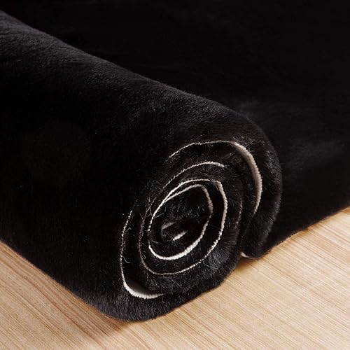 Miniatura 6 de Alfombra de pelo sintético de conejo esponjoso y suave en negro para dormitorio, lavable a máquina, alfombra de pasillo para sala de estar, 2x8