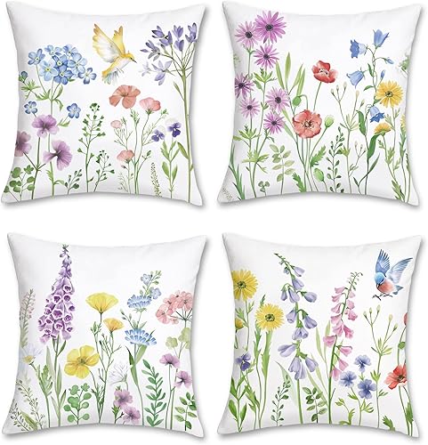 Bonhause Juego de 4 fundas de almohada florales de primavera de 18 x 18 pulgadas, fundas decorativas de terciopelo suave para exteriores, fundas de
