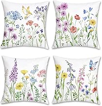 Bonhause Spring Flowers Cushion Cover 45 x 45 cm Garden Flower Birds Velvet Soft Decorative Pillowcase for Sofa Living Room Home Outdoor Decoration 4 Pieces