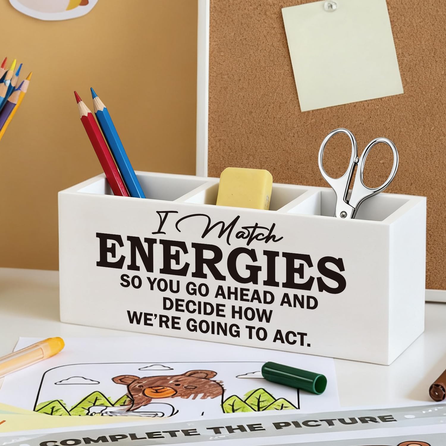 Portapenne da ufficio ispiratore, regalo ispiratore per donne e uomini, organizer da scrivania in legno e accessori, portapenne motivazionale I Match Energies, organizer da scrivania per ufficio