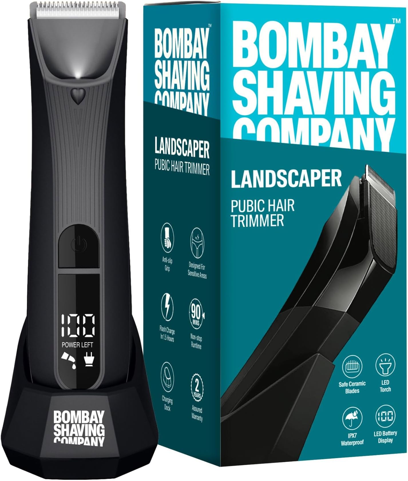 Bombay Shaving Company Balls Trimmer | Pubic Hair Trimmer and Body Groomer for Men | Private Part Trimmer For Men, Waterproof (IPX7), Cordless, LED Display, LED Torch, Safe Ceramic Blades, Dock Charging | LANDSCAPER 2.0 (Black)