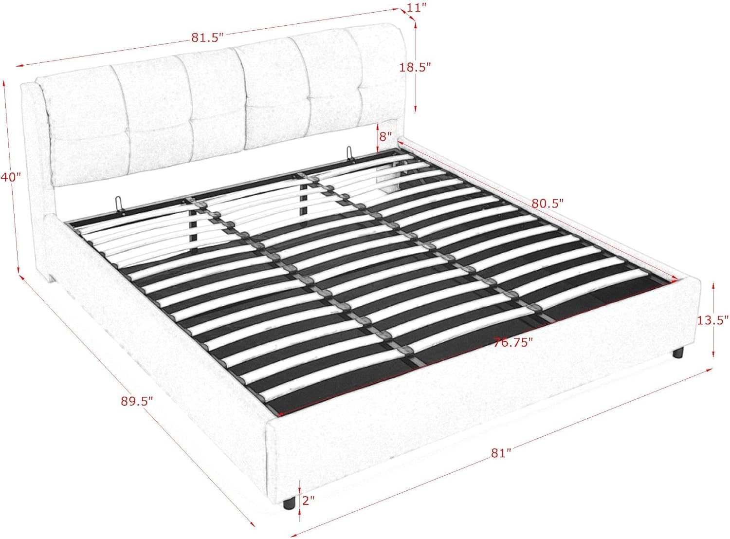 Detailed dimensions of the KEIKI King Size Lift Up Storage Platform Bed Frame.