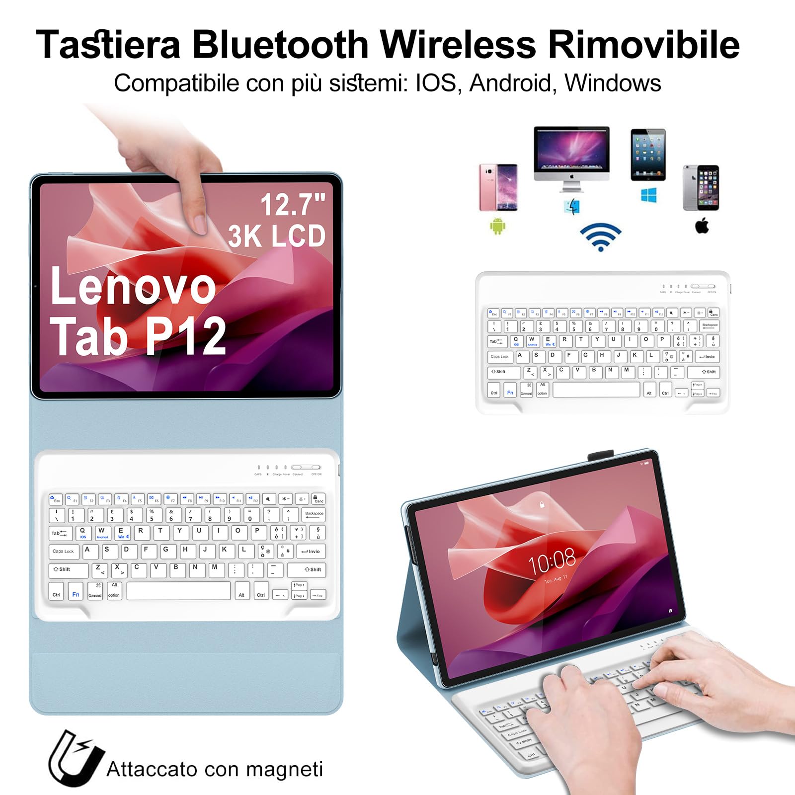 IVEOPPE Tastiera per Lenovo Tab P12 12.7" 2023, Cover Custodia Cover Tastiera Layout Italiano Rimovibile Bluetooth per Lenovo Tab P12 12.7 Pollici 2023 TB370FU, Blu cielo